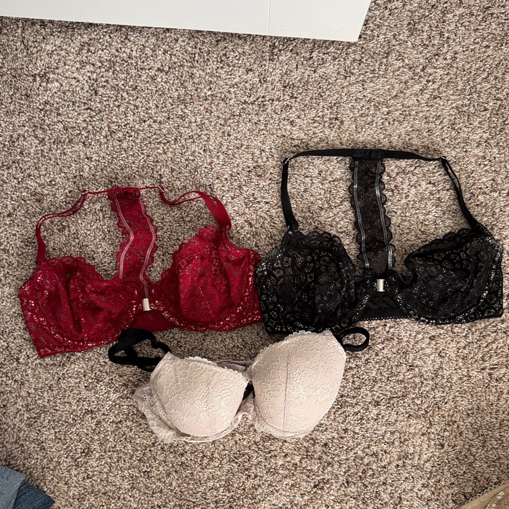 Victoria's Secret Lace Racerback Bra Trio in Red, Black & Cream